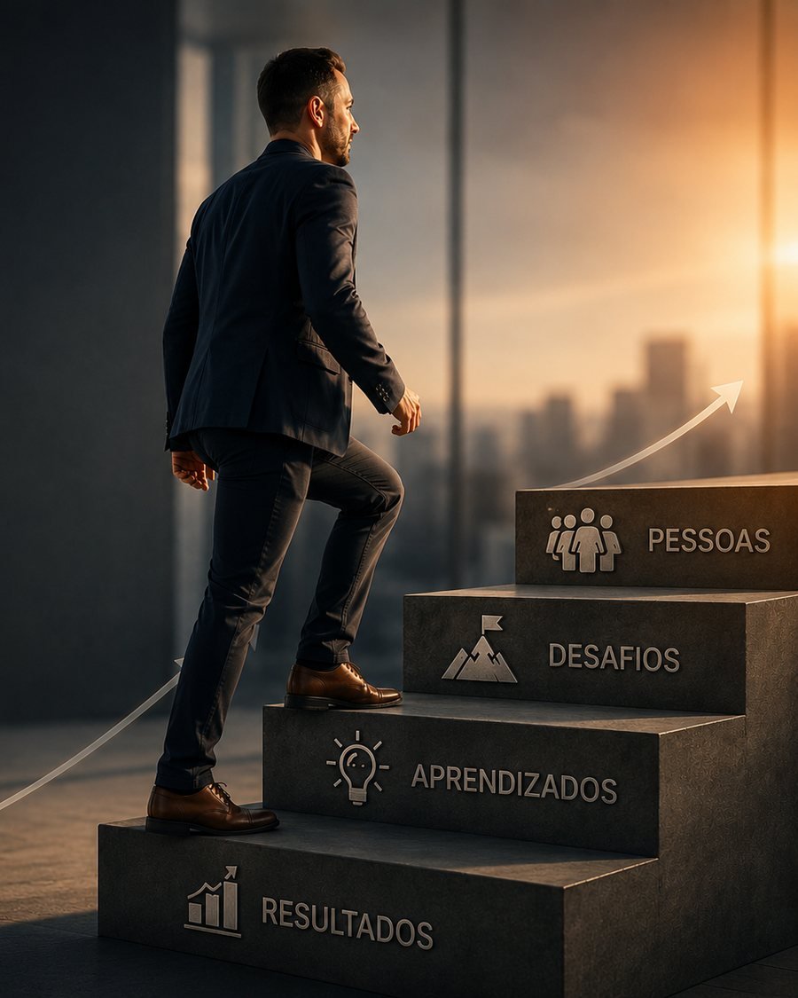 Ilustração de um executivo subindo uma escada com os degraus Pessoas, Desafios, Aprendizados e Resultados